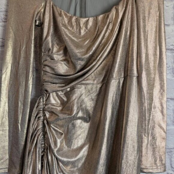 Alieva Narin Draped Midi Dress M Gold Metallic Ponte Stretch Shimmer Cocktail - Picture 5 of 8